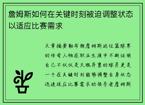 詹姆斯如何在关键时刻被迫调整状态以适应比赛需求